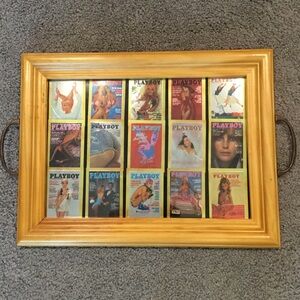 PLAYBOY VTG METALLIC PIN-UP CARD HANDMADE WOOD SERVING TRAY PLATTER, XMAS GIFT!